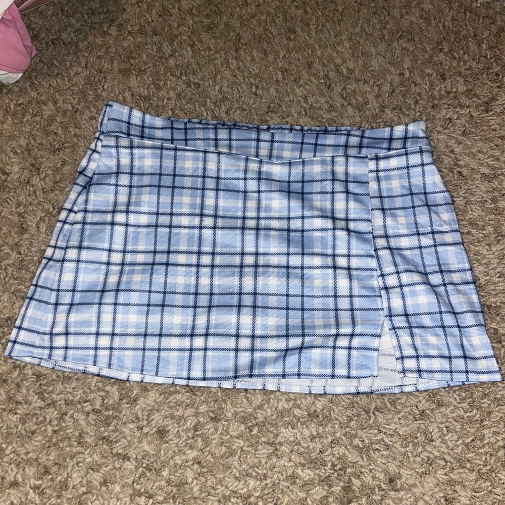 Blue Mid-Rise Plaid Mini-Skirt With Side Slit